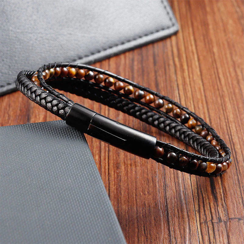 Buddha Stones Tiger Eye Titanium Steel Protection Strengthen Leather Bracelet