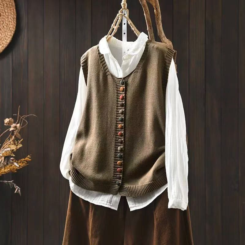 Buddha Stones Colorful Buttons Women's Sleeveless Cotton Knitted Vest Waistcoat