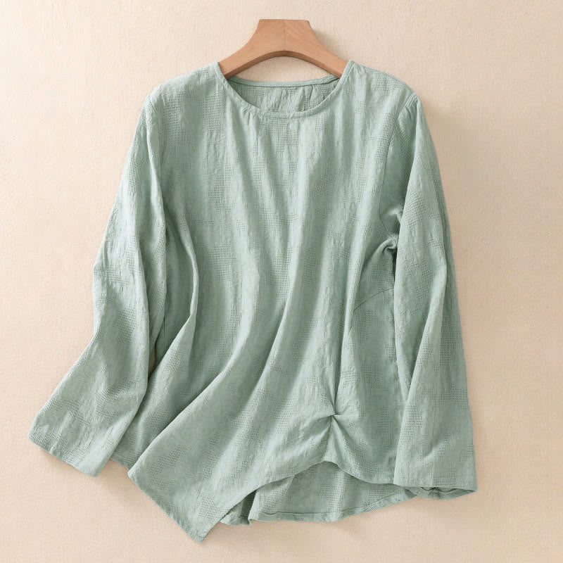 Buddha Stones Jacquard Irregular Hem Pleated Design Women's Cotton Long Sleeve Shirt