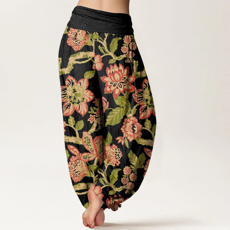 Buddha Stones Pure Cotton Bold Colors Flowers Leaves Branches Bird Pattern Women's Elastic Waist Harem Pants