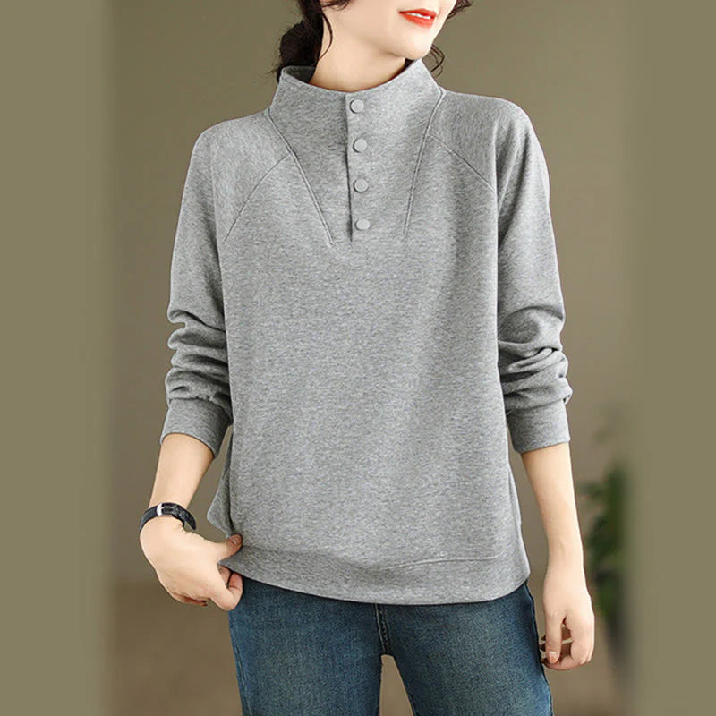 Buddha Stones Fall Solid Stand Collar Buttons Design Long Sleeve Women's Cotton Sweatshirt