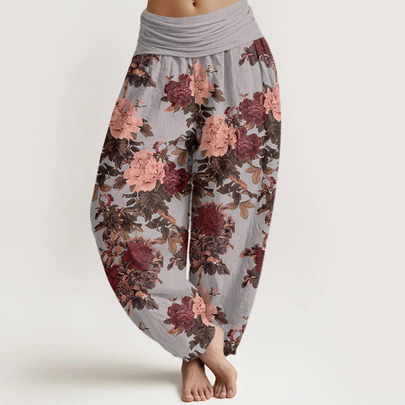 Buddha Stones Cotton Casual Lush Peony Flowers Leaf Pattern Women's Elastic Waist Harem Pants