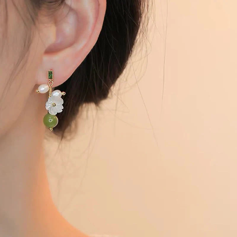 Buddha Stones Hetian Jade Pearl Bead Flower Prosperity Abundance Earrings