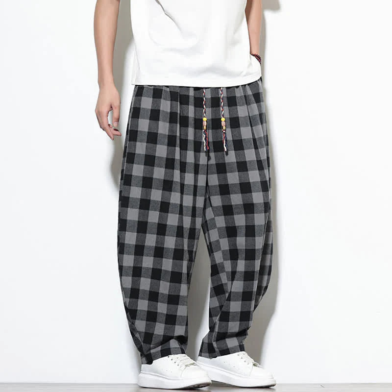 Buddha Stones Summer Plaid Pattern High Waist Drawstring Men's Harem Pants With Pockets