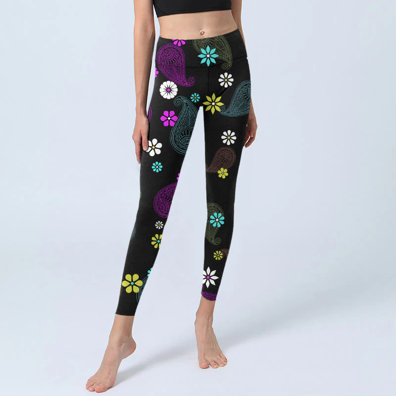 Buddha Stones Colorful Cashew Flower Print Gym Leggings Women's Yoga Pants