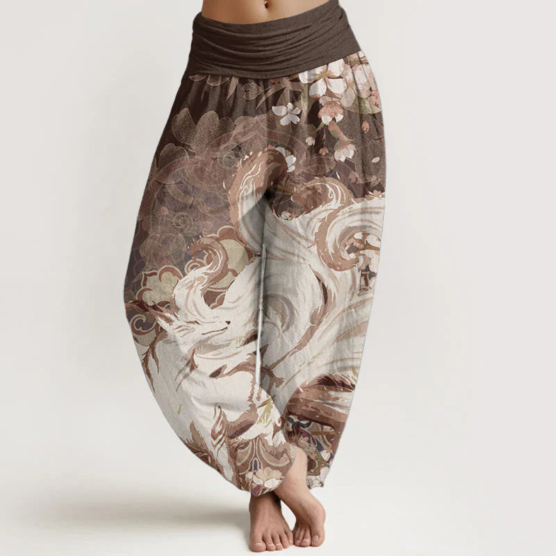 Buddha Stones Cotton Fox Cherry Blossoms Women's Elastic Waist Harem Pants