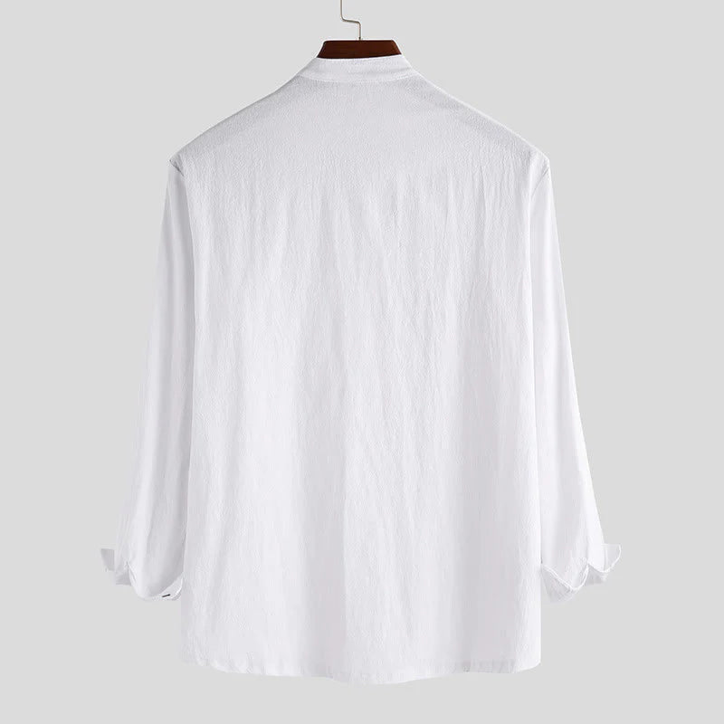 Buddha Stones Solid Color Half Buttons Long Sleeve Cotton Linen Men's Shirts
