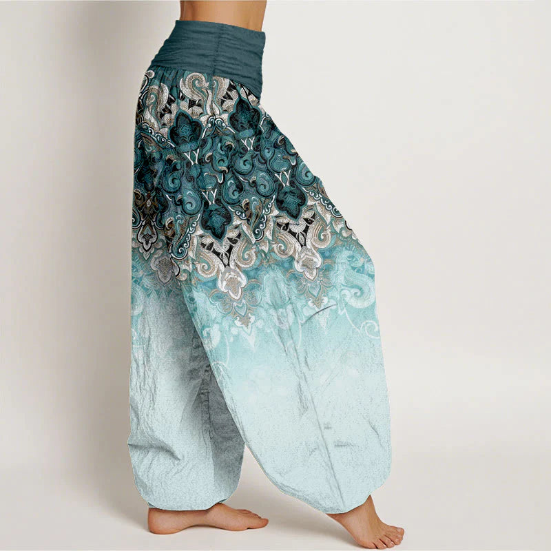 Buddha Stones Paisley Floral Gradient Design Women's Pure Cotton Elastic Waist Harem Pants