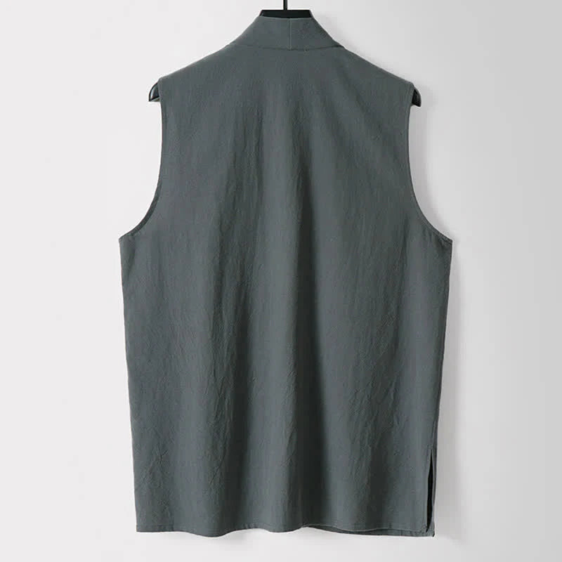 Buddha Stones Spring Pure Color Open Front Design Men's Cotton Linen Sleeveless Kimono