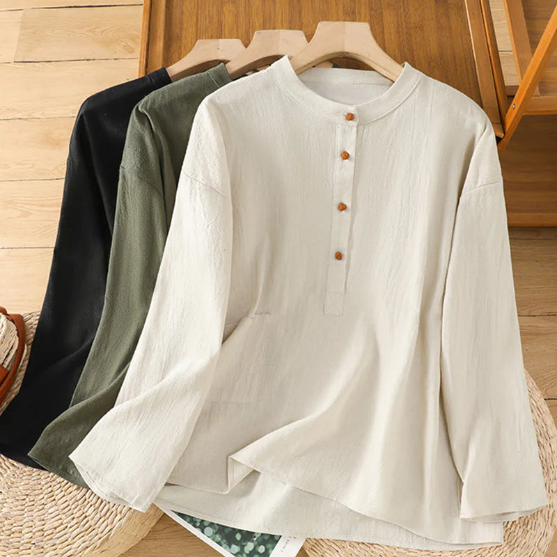 Buddha Stones Summer Casual Pure Color Half Button Simple Design Women's Cotton Linen Half Sleeve Shirt With Pocket