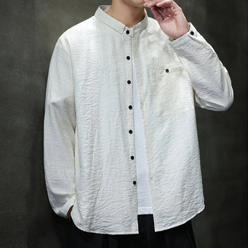 Buddha Stones Spring Men's Solid Color Buttons Design Long Sleeve Shirt