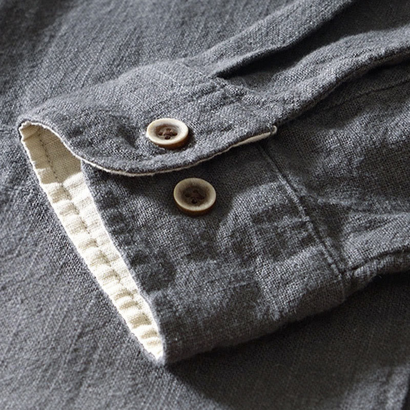 Buddha Stones Solid Color Men's Buttons Long Sleeve Cotton Linen Shirt With Pockets