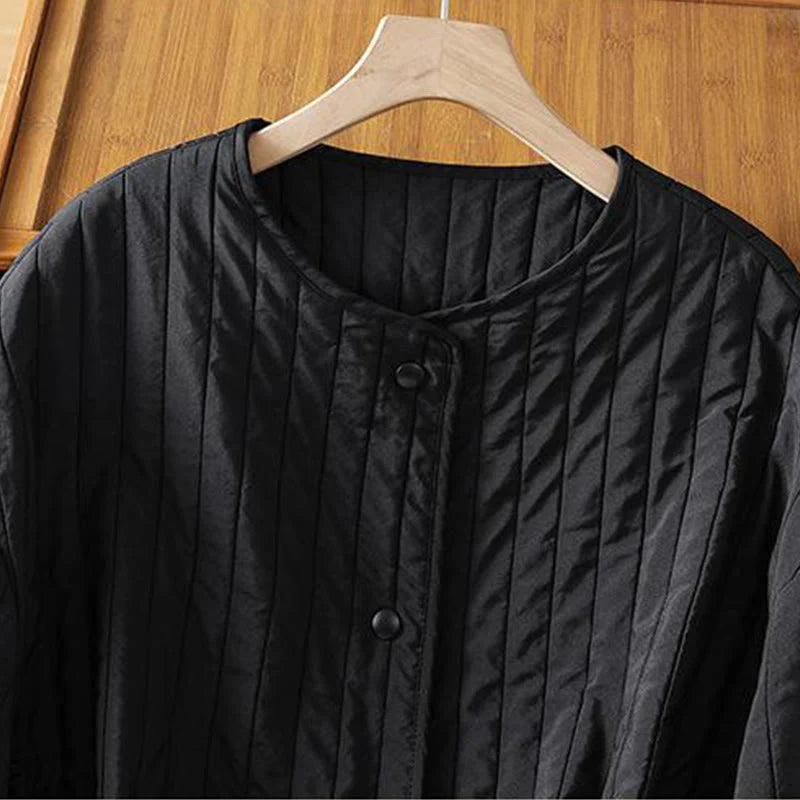 Buddha Stones Women's Plain Crew Neck Drawstring Design Long Sleeve Cotton Jacket With Pocket