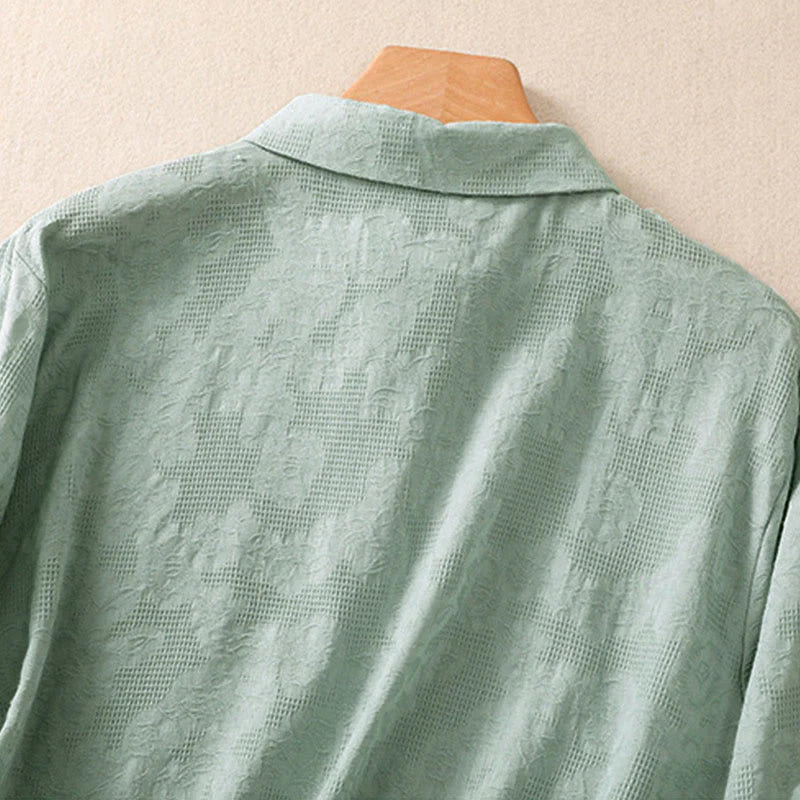 Buddha Stones Fall Embroidery Asymmetrical Design Frog-Button Women's Cotton Long Sleeve Shirt
