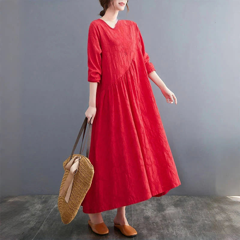 Buddha Stones Smiple Jacquard Pattern Long Sleeve Cotton Linen Women's Midi Dress With Pockets
