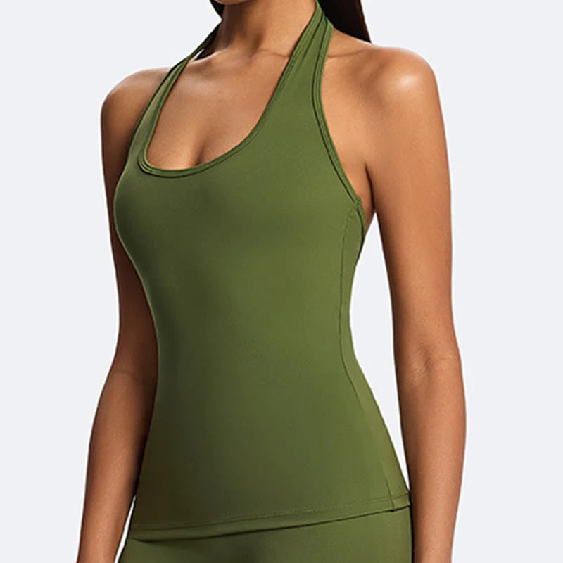Buddha Stones Solid Crop Halter Backless Sleeveless Top Straight Leg Pants For Sports Fitness Yoga