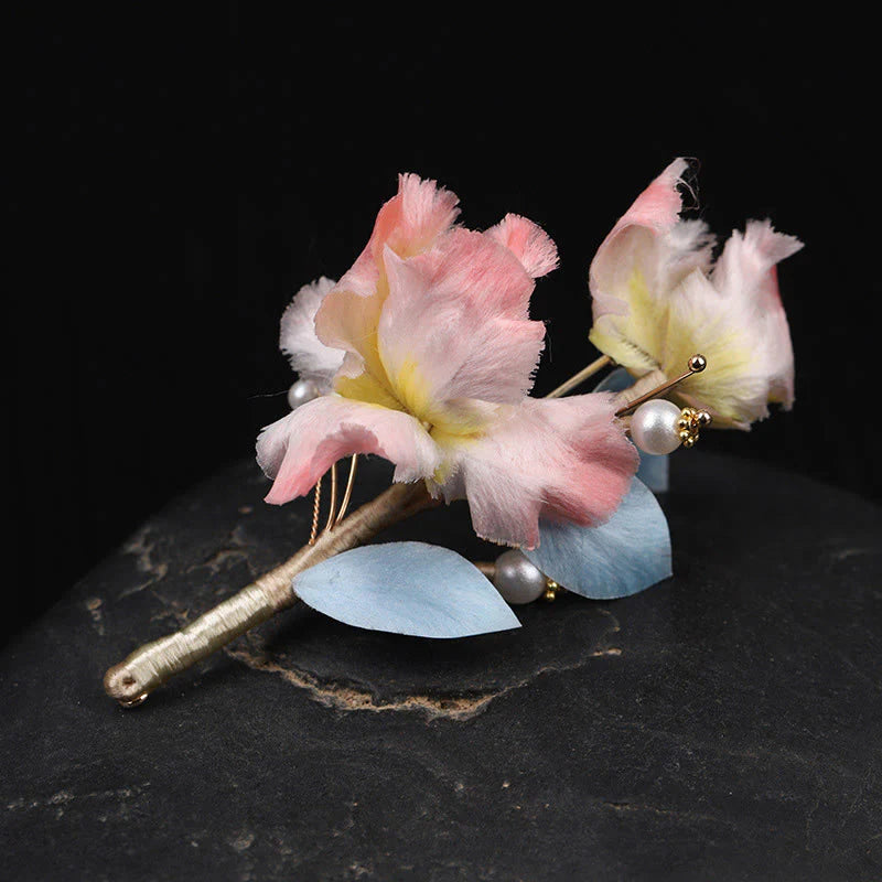 Buddha Stones Handcrafted Silk Art Pink Iris Flower Protection Brooch