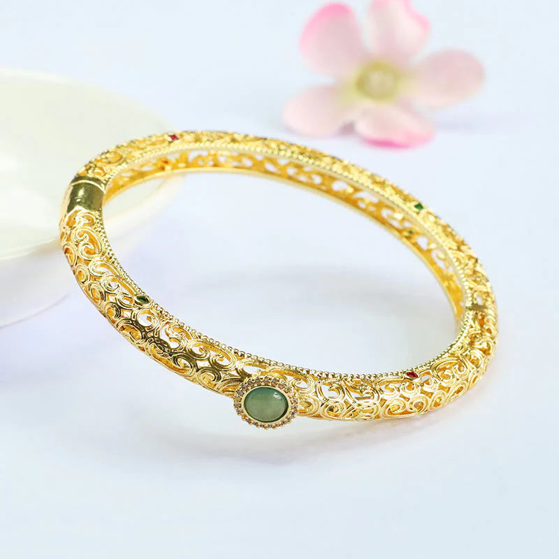 Buddha Stones Cloud Pattern Jade Copper Luck Bracelet Bangle 2.36 IN (60 MM)
