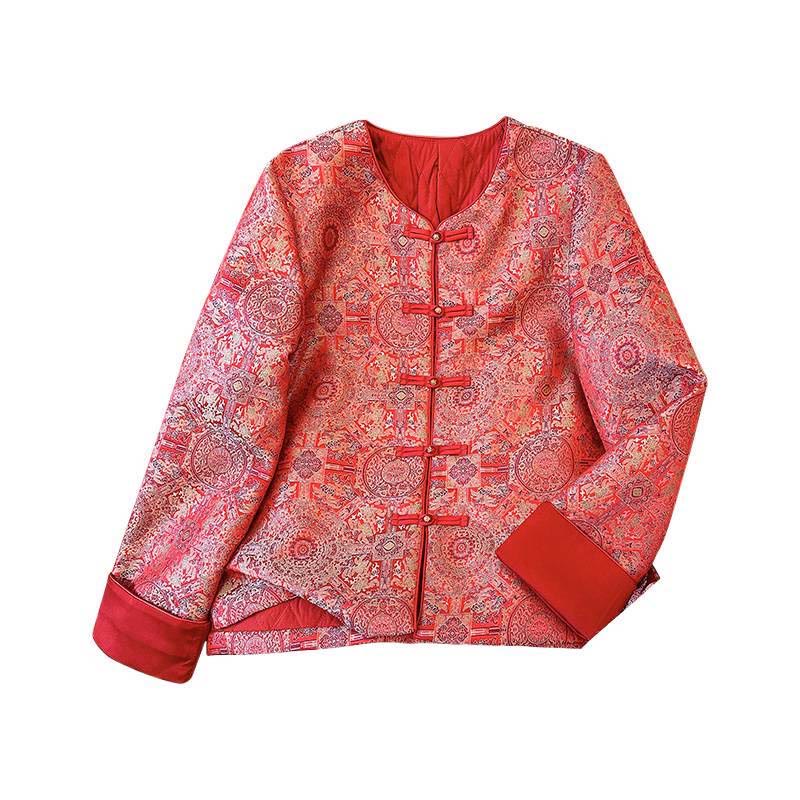Buddha Stones Women's Jacquard Symmetric Floral Pattern Long Sleeve Jacket With Pockets