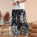 Buddha Stones Dragon Print Cotton Men's Harem Ankle-Length Pants With Pockets