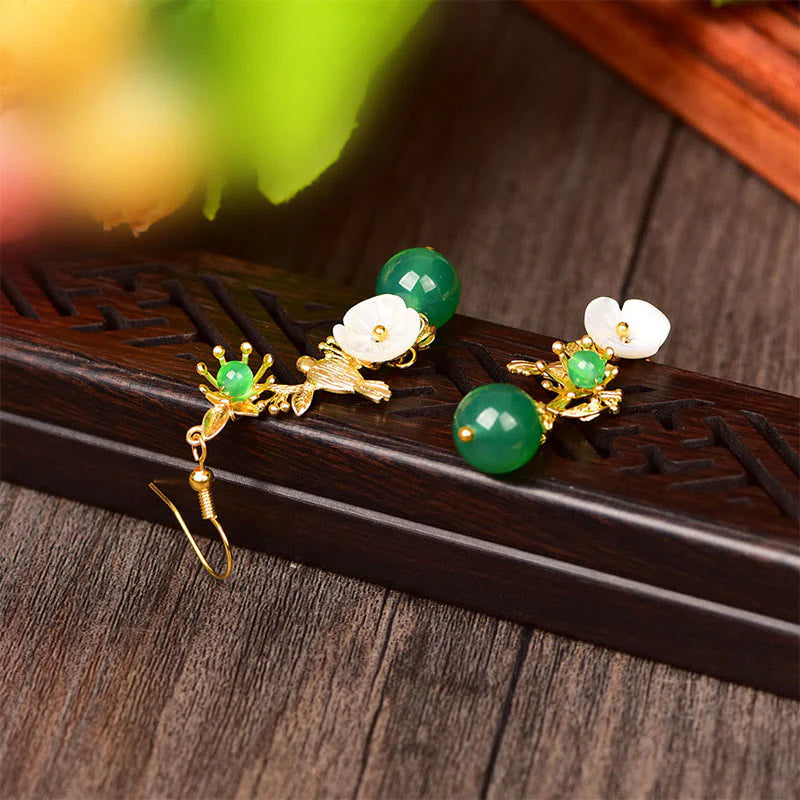 Buddha Stones Green Agate Bead White Flower Bird Power Drop Earrings
