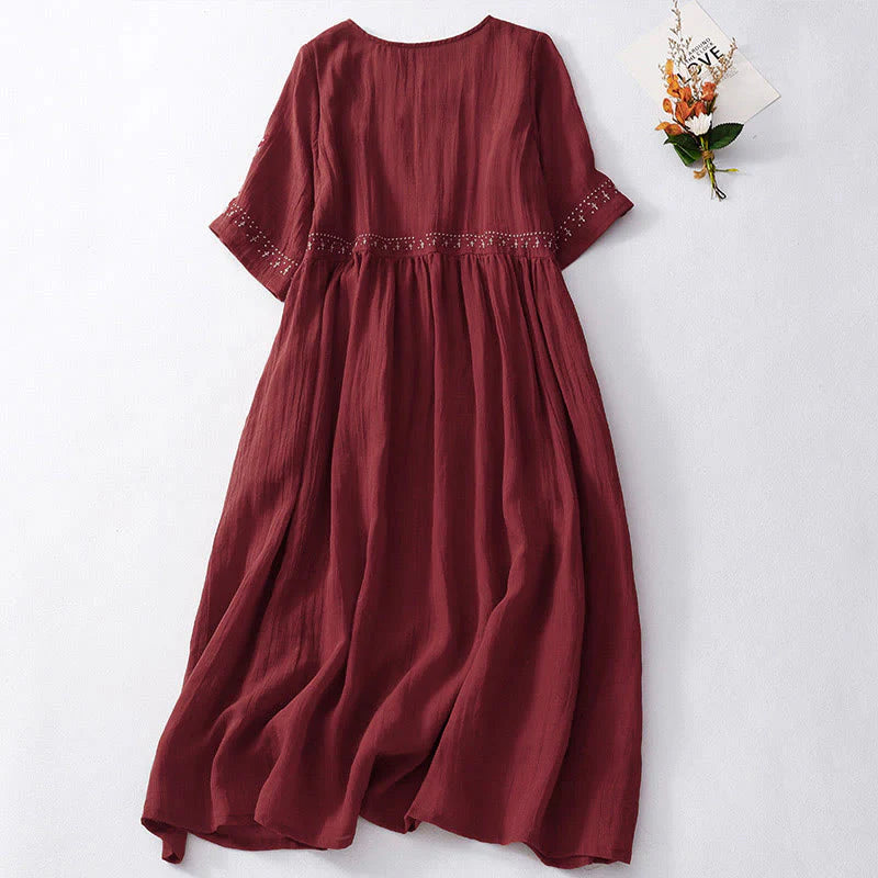 Buddha Stones Solid Color Embroidery Short Sleeve Cotton Midi Dress