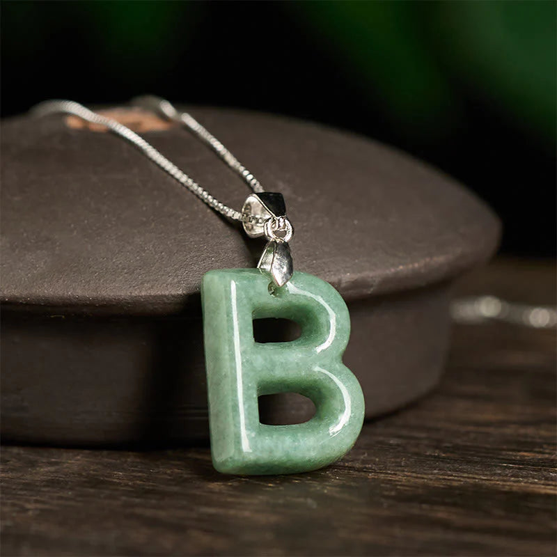 Buddha Stones Natural A-Z Letter Jade 925 Sterling Silver Silm Chain Prosperity Necklace Pendant