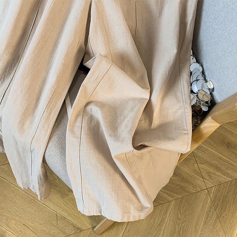 Buddha Stones Casual Beige Embroidery Women's Wide Leg Cotton Linen Pants With Pockets