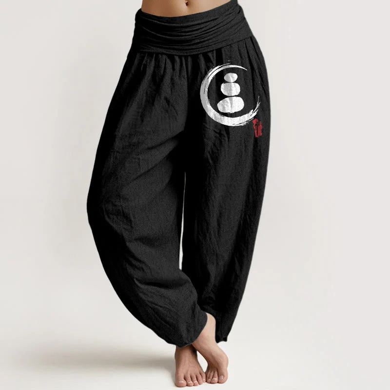 Buddha Stones Ensō Circle Stacked Stones Pattern Women's Elastic Waist Harem Cotton Pants