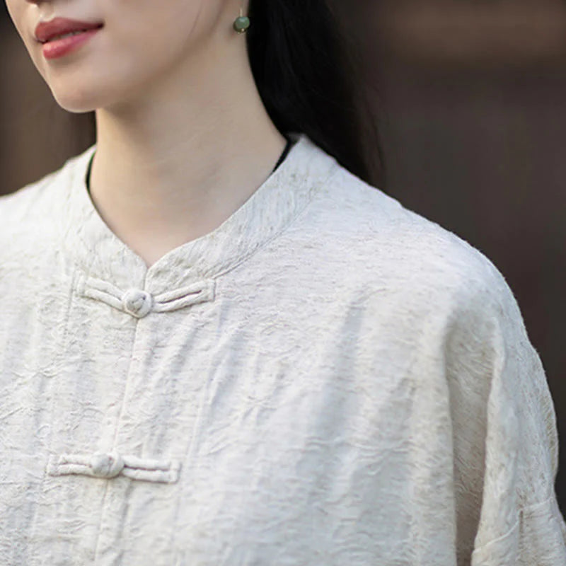 Buddha Stones Fall Jacquard Women's Frog-Button Long Sleeve Shirt Pants Cotton Linen Clothing