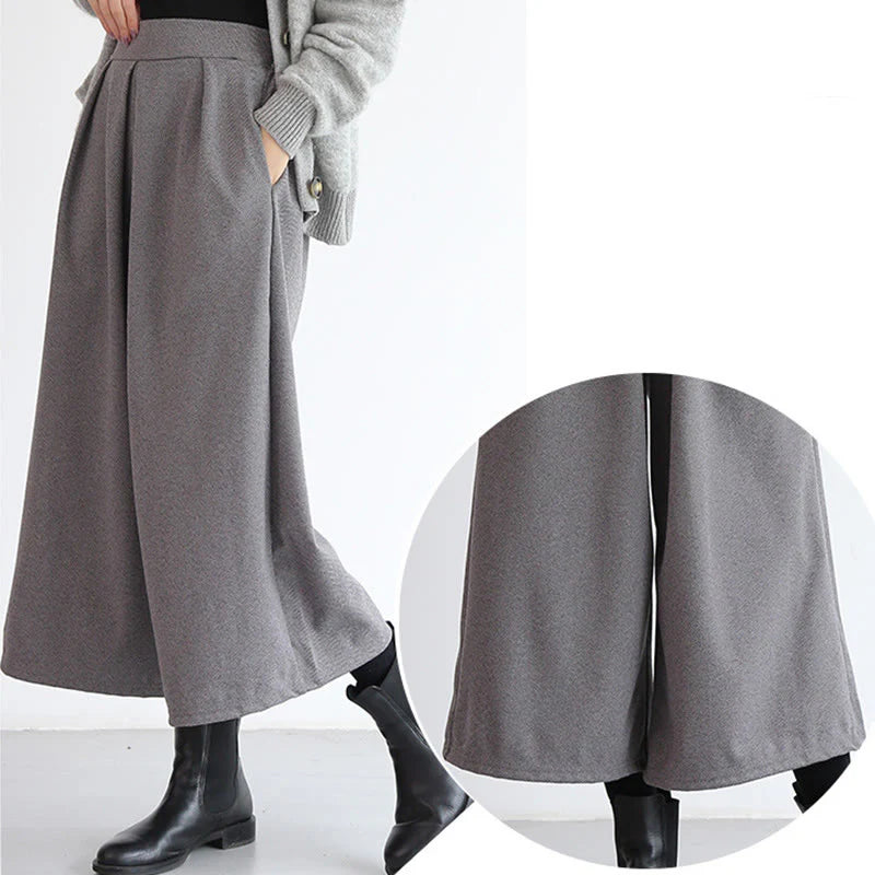 Buddha Stones Plain Elastic Waistband Design Women's 7-8 Length Wide Leg Pants With Pockets