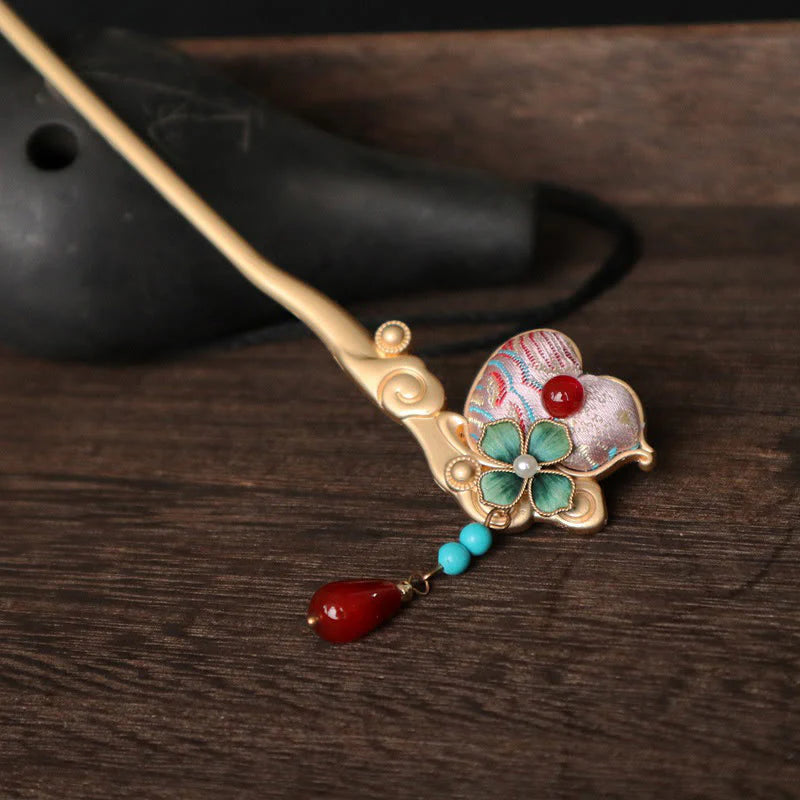 Buddha Stones Gourd Flower Pattern Red Agate Copper Calm Hairpin