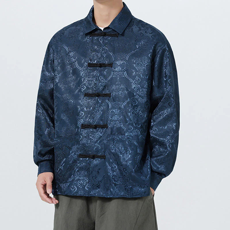 Buddha Stones Spring Jacquard Lapel Long Sleeve Men's Tang Suit Frog-Button Jacket With Pockets
