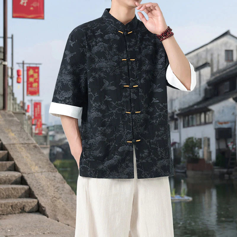 Buddha Stones Summer Crane Pine Tree Pattern Tang Suit Men's Frog-Button Half Sleeve Cotton Shirt With Pockets