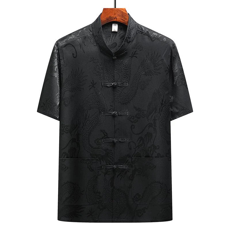 Buddha Stones Dragon Pattern Tang Suit Hanfu Traditional Uniform Short Sleeve Top Pants Clothing Men's Set