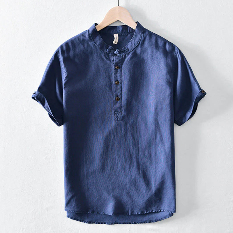 Buddha Stones Solid Color Half Button Design Stand Collar Men's Short Sleeve Cotton Linen Shirt