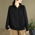 Buddha Stones Fall Solid Stand Collar Buttons Design Long Sleeve Women's Cotton Sweatshirt
