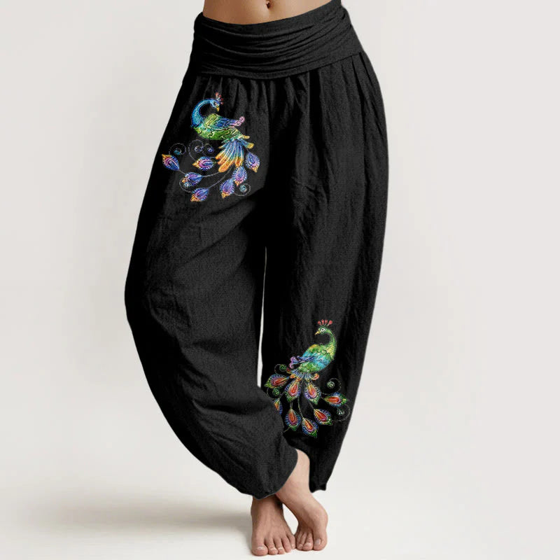 Buddha Stones Cotton Colorful Peacock Pattern Women's Elastic Waist Harem Pants