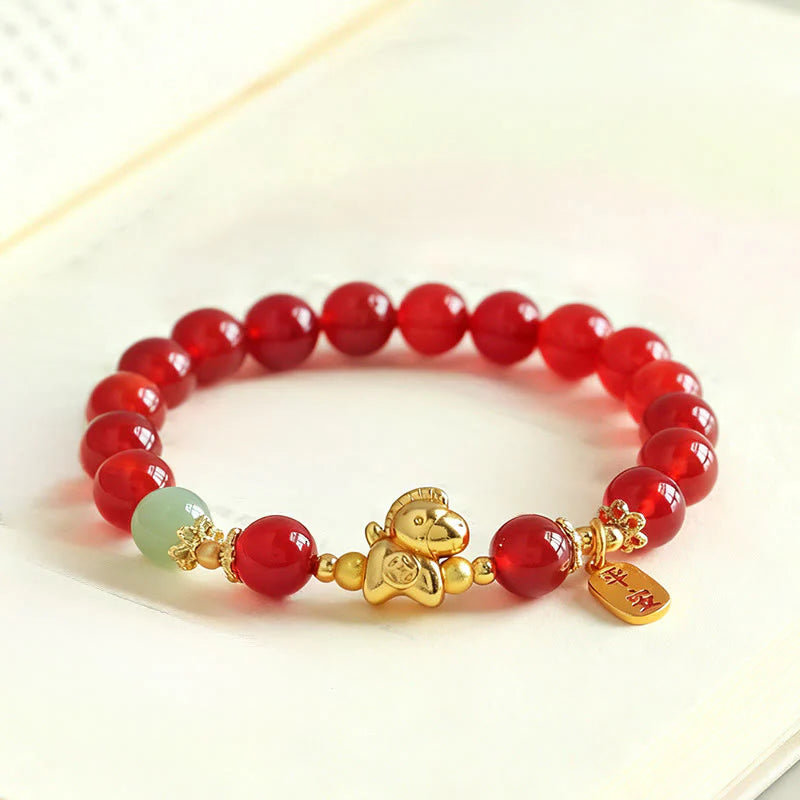 Buddha Stones Year Of The Horse Hetian Jade Black Obsidian Red Agate Strength Bracelet