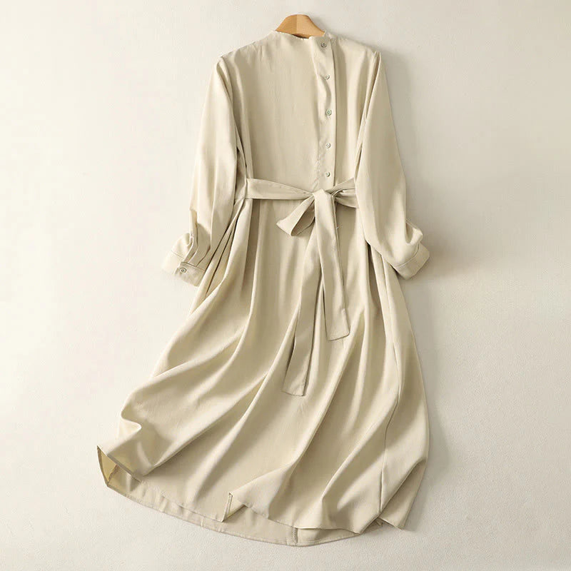 Buddha Stones Plain Lace-up Long Sleeve Half Buttons Design High Neck Women's Cotton Midi Dress With Pockets