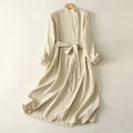 Buddha Stones Plain Lace-up Long Sleeve Half Buttons Design High Neck Women's Cotton Midi Dress With Pockets