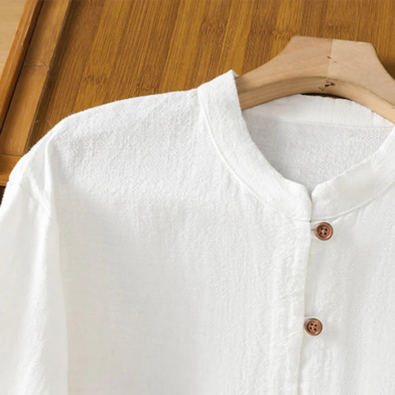 Buddha Stones Spring Solid Color Simple Hem Slit Design Cotton Linen Women's Shirt