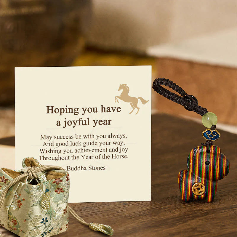 Buddha Stones Hoping You Have a Joyful Year Year of the Horse Rainbow Eucalyptus Small Leaf Red Sandalwood Key Chain Includes Gift Message Card