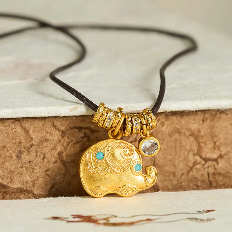 Buddha Stones Elephant Symbol 24k Gold Plated Brass Strength Rope Necklace Pendant
