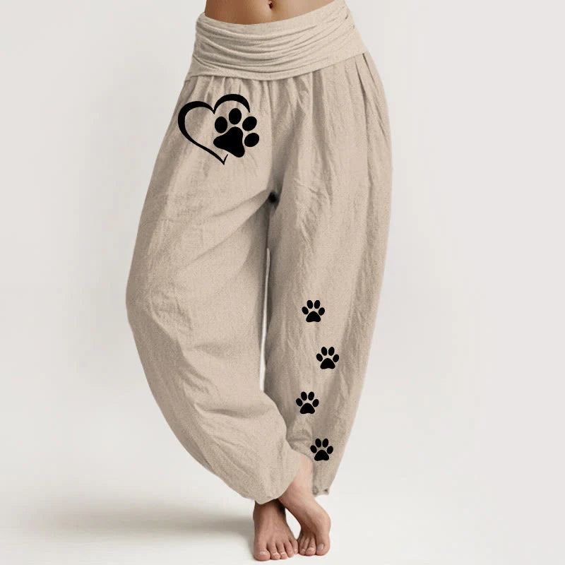 Buddha Stones Pure Cotton Concise Cat Paw Prints Heart-Shaped Pattern Women's Elastic Waist Harem Pants