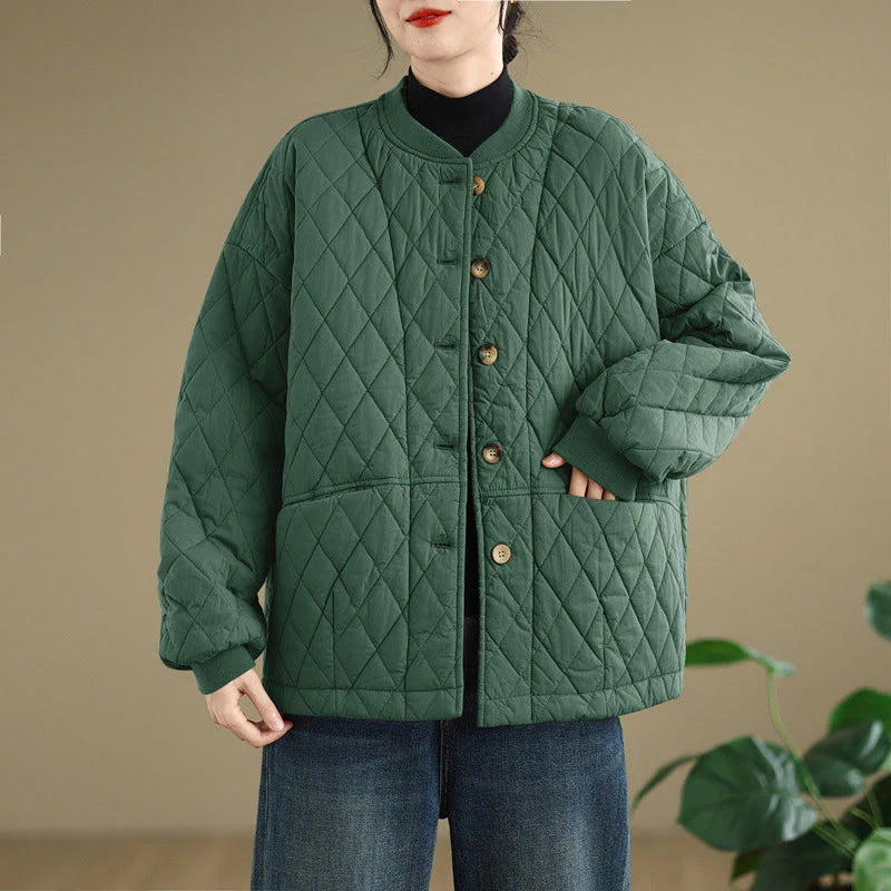 Buddha Stones Diamond Grid Pattern Women's Long Sleeve Cotton Thickened Jacket With Pockets