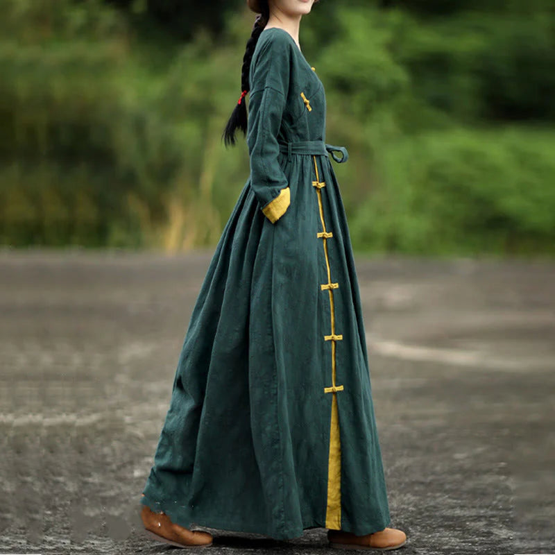Buddha Stones Frog-Button Plain V-Neck Long Sleeve Cotton Midi Dress With Pockets