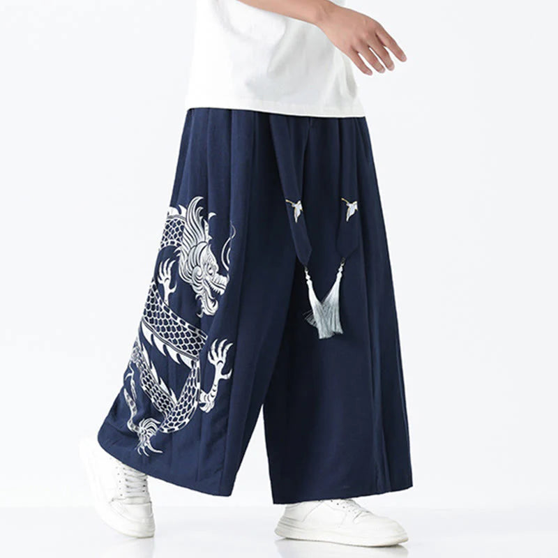 Buddha Stones Summer Dragon Drawstring Design Cotton Ankle-Length Men's Wide Leg Pants With Pockets