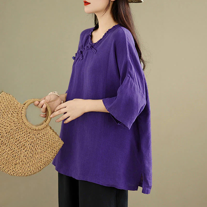 Buddha Stones Spring V-Neck Frog-Button Long Sleeve Plain Women's Cotton Shirt