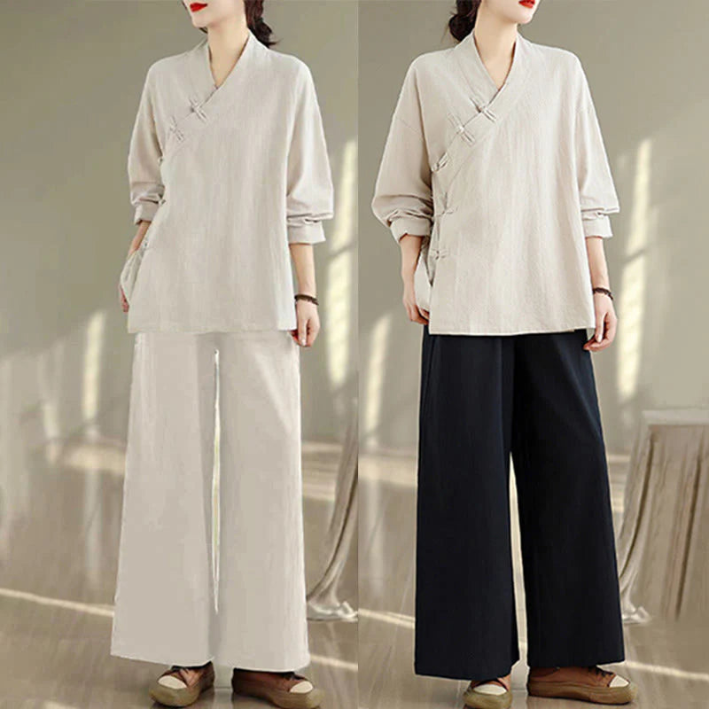 Buddha Stones 2Pcs V-Neck Long Sleeve Shirt Wide Leg Pants Zen Meditation Women's Set